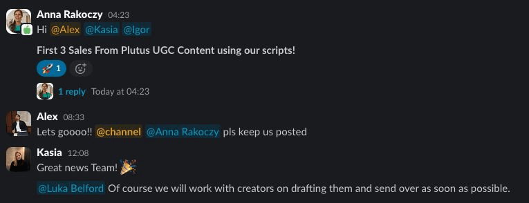 Anna’s first-sales post in the shared Slack channel.